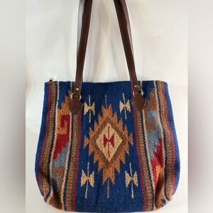El Paso Saddle Blanket Southwestern Wool Tote Bag with Leather Straps